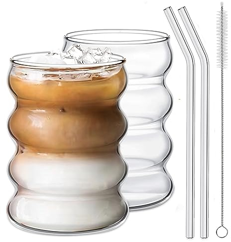 Ework4U 2 Pcs Drinking Glasses with Glass Straw 14oz Glassware Set,Cocktail Glasses,Iced Coffee Glasses,Beer Glasses,Ideal for Water,Soda,Tea,Gift - with Cleaning Brushe