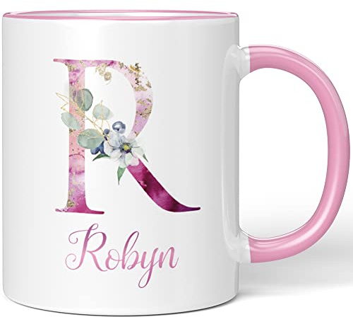 JUNIWORDS Tasse, Robyn, Name Anfangsbuchstabe Initial Alphabet Floral Buchstabe R Monogramm Motiv, Rosa (5537016)