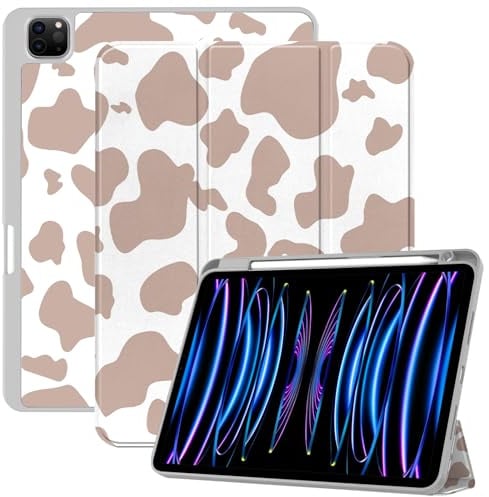 Deokke Kompatibel mit iPad Pro 12.9 Zoll Hülle, 6., 5., 4., automatische Schlaf-/Wachabdeckung mit iPad 2. Bleistift-Ladefunktion, braunes Kuhmuster N