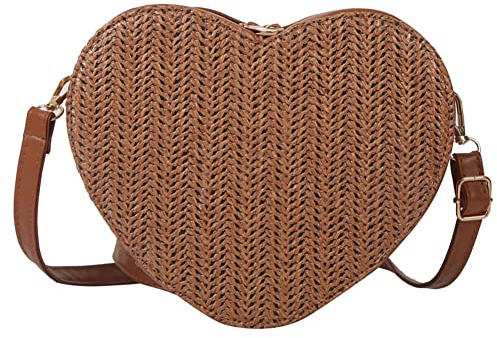 ALINUOYQ Sac à bandoulière en paille pour femme en forme de cœur en rotin tissé pour l'été, la plage, le shopping, les vacances, les voyages, marron, 20.5x16.5x8cm