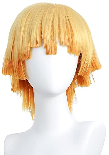 YEAJION Agatsuma Zenitsu Cosplay Perücke Anime Demon Slayer Cosplay Zenitsu Perücke Kimetsu no Yaiba Kostüm Halloween Karneval Party Bühnenauftritt Cosplay Zubehör Erwachsene