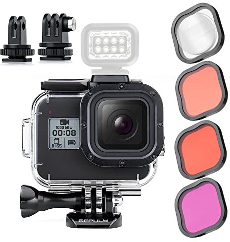 GEPULY Custodia impermeabile per GoPro Hero 8 nero con 4 filtri subacquei, custodia subacquea da 60 m, con filtri rossi, snorkeling, magenta, Close-up per GoPro Hero 8 fotocamera nera