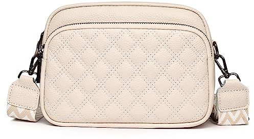 AMAZON Damen Umhängetasche, Leder Crossbody Schultertasche, Breiter Riemen Abendtasche mit 3 Reißverschlussfächern Handtaschemit mit Kartenschlitz Verstellbar Abnehmbar Schultergurt-Beige