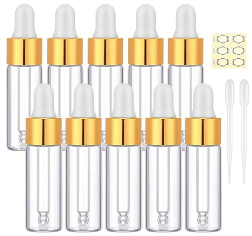 Apstaqeoo 10Pcs, 5Ml Transparent Glass Sample Dropper Bottles, Empty Mini Bottles with Dropper Pipettes Gold Aluminum Alloy Cap Refillable Sample Container for Essential Oils Perfume Cosmetic Liquid