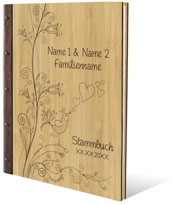Personalisiertes Stammbuch Hochzeit aus echtem Holz mit Leder Rücken A5 oder A4 inkl. vorgedruckten Seiten - Liebesbaum