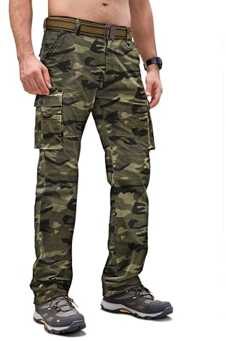 Cindeyar Cargohose Herren Relaxed Fit Baumwolle Wanderhose Herren Casual Arbeitshosen Männer Outdoor Militär Taktische Hosen mit Multi Taschen(Camouflage Grün,L)