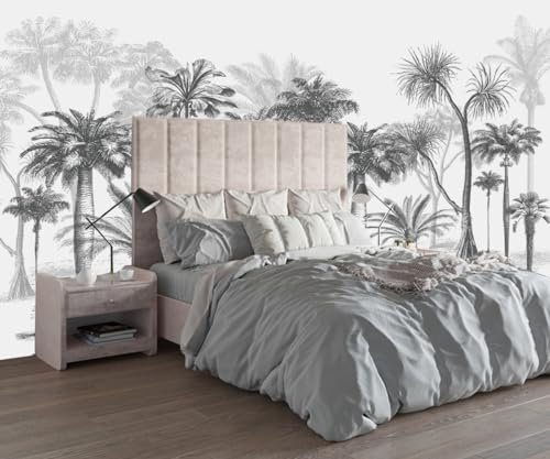 Papier Peint Panoramique Jungle Noir et Blanc 3d Soie, 200 x 150 cm Tropical Coconut Forêt - Papier Peint Jungle Grandes Murales Poster pour Salon, Adulte Chambre d'enfants, Étude Décoration
