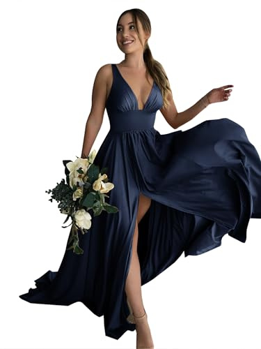 Babyonline D.R.E.S.S. Robe de Soirée avec Fente Robe Femme Demoiselle d'honneur Longue en Satin Bleu Marine 40