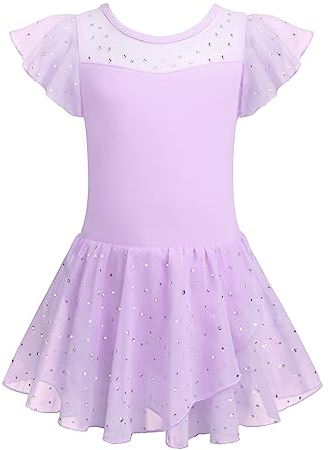 Arshiner Ballettkleidung Mädchen Rüschenärmel Masche Ballettkleid Tanzkleid Kinder Glitzerndes Ballettanzug Ballett-Trikots Tanz-Trikot Kleinkind Ballerina Kleid Kostüm Outfits Lila 140
