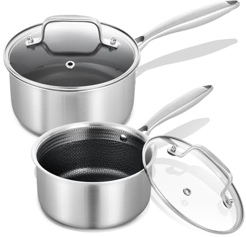 LOLYKITCH Hybrid-3-lagiges Edelstahl-Kochtopf-Set, antihaftbeschichtet, 2 Stück, 1,5 l & 2,5 qt Soßentöpfe, Induktionstöpfe und Pfannen, robust und ofenfest.