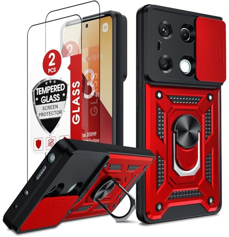 LeYi Funda para Xiaomi Redmi Note 13 Pro 4G/Poco M6 Pro 4G（No para 5G con [2-Unidades] Cristal Vidrio Templado, Carcasa Cubierta de cámara Deslizante Proteger Anillo Soporte Silicona Case, Rojo