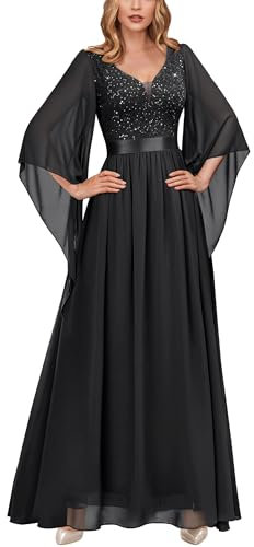 MIUSOL Women's Elegant Sequin Insert Lace Sheer Chiffon Deep V Neck Flare Sleeve Evening Prom Formal Long Dress (Large, Black)