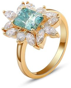 Skcess 18 Karat Gelbgold Ring Blau Grün Moissanit Rechteckig, Ring Blume Ring Damen Größe 67 (21.3)