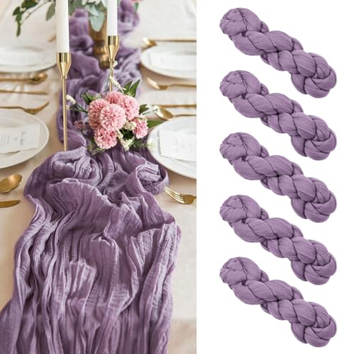 5er-Pack Käsetuch-Tischläufer in Violett-Amethyst, violetter Tischläufer aus Käsetuch-Stoff, 3 m lang, malvenfarbener Gaze-Tischläufer, Boho-rustikaler, halbdurchsichtiger Tischläufer für Hochzeitsemp
