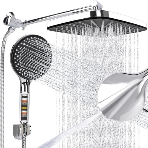 MEKMGI Filtered Shower Head, 30 cm Rain Shower Head with Hand Spray Combo, High Pressure Rain Shower Head and 10 Hand Shower Head, 3-Way Diverter Extension Arm, Height Adjustable Double Shower Head