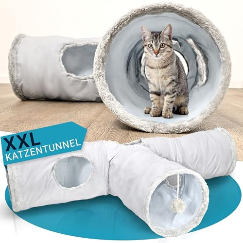 PFOTENGUT® Katzentunnel XXL [für kleine und große Katzen] - robuster Spieltunnel zur Beschäftigung deiner Katze - 115cm Langer Tunnel mit verschiedenen Öffnungen inkl. Spielball