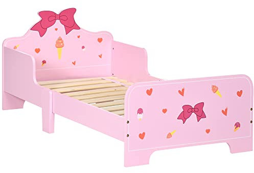 ZONEKIZ Letto per Bambini con Sponde Anti-Caduta, Lettino per Bambini Età 3-6 Anni con Fiocchi e Cuori, 143x74x59cm, Rosa
