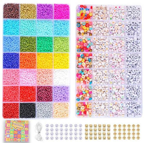 SJZWSD 3mm Perlen für Armbänder, 28 Bunte Morandi Glasperlen zum Auffädeln, Mini Perlenset Charm Kit mit Holzperlen, Perlen zum Auffädeln für Weihnachten DIY Bracelet Making Kit, Partys, Feiertage