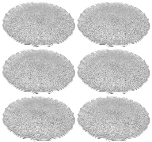 Acan Tradineur - Confezione da 6 sottopiatti rotondi riutilizzabili in plastica, modello Eri, piatto piano decorativo, vassoio per presentazione di dolci, Natale, torrone, torte (argento - Ø 33 cm)