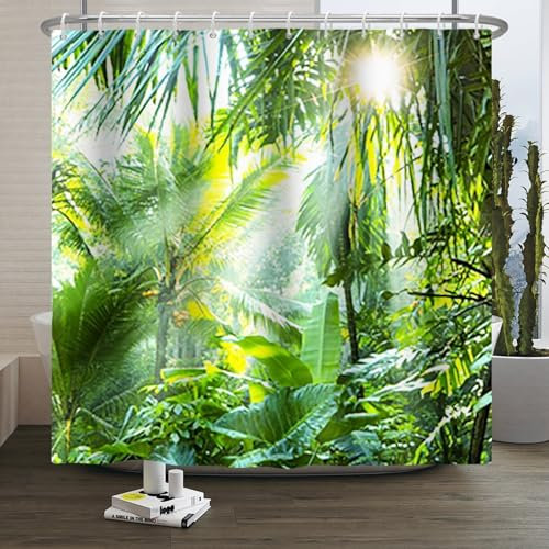 Xiaoterna Frühling Duschvorhang Tropischer Regenwald Üppiges grünes Laub im Dschungel Badvorhang Dschungel Sonnenaufgang Wasserdichter Duschvorhang Maschinenwaschbar Wasserdichter Stoff 120x180cm