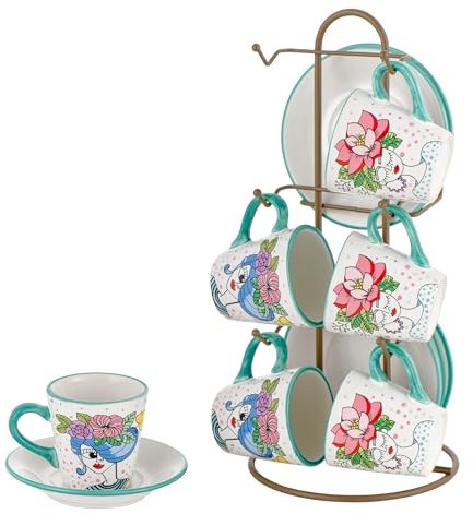 Baroni Home Set de Tasses à Café en Céramique avec Support en Métal et Soucoupes, 6 Tasses avec Poignée, Accessoires de Cuisine Colorés et Résistants, Ligne Stylish, 15x13x29 cm