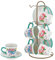 Baroni Home Set di Tazzine da Caffè in Ceramica con Stand in Metallo e Piattini, 6 Tazzine con Manico, Accessori da Cucina Colorato Resistente, Linea Stylish, 15,13,28,5 cm