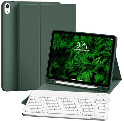 ZKTUYU Tastatur Hülle für iPad Air 11 Zoll M4/M3/M2 (2026/2025/2024), iPad Air 5./4. Generation 2022/2020 10,9 Zoll, TPU Rückschale mit Stifthalter, Abnehmbarer Magnetisch QWERTZ Tastatur, Dunkelgrün
