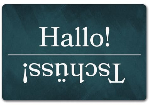 speecheese Hallo und Tschüss Fußmatte auf türkisfarbenem Hintergrund