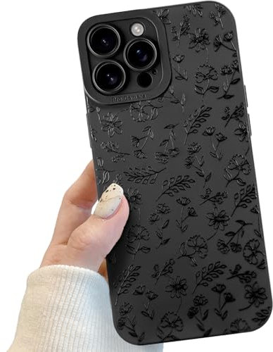Black Flower Floral Leaf Phone Case for iPhone 13 Pro Max, Black Cute Flower Floral Leaf Pattern for Women Girls, Soft TPU Slim Profile Shockproof Protective Phone Case for iPhone 13 Pro Max