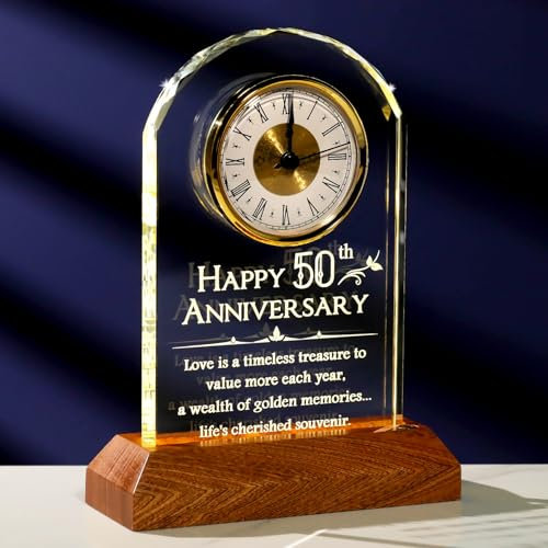 Arikyrist 50th Wedding Anniversary Glass Keepsake Gifts for Parents, 50th Anniversary Desk Table Quartz Clock with LED Light Stand, 50 Years of Marriage Golden Wedding Presents for Couple