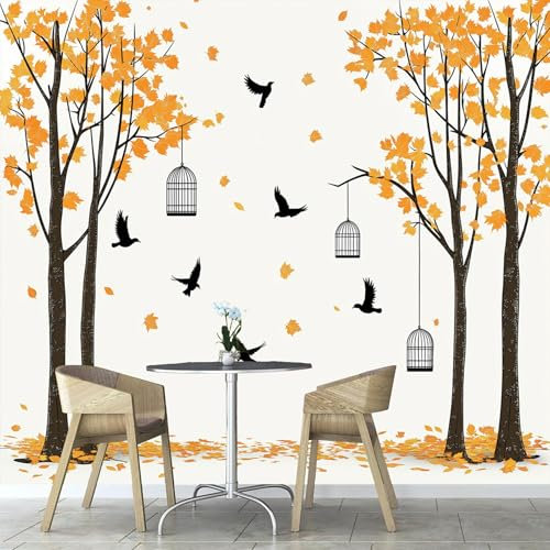 Feuilles Jaunes Tombées Papier Peint Panoramique Soie Mesure 3D,Motif Forêt Cage À Oiseaux Grand Papier Peint 3D Wallpaper, 450×315cm Tapisserie Panoramique Poster Chambre Decoration