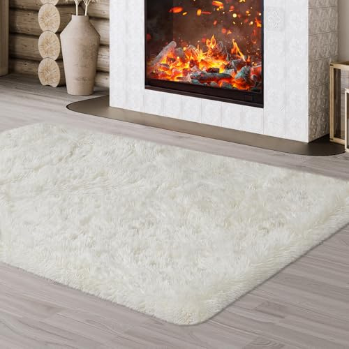 JOJOSEE Hochflor Teppich Wohnzimmer, 120 x 160 cm, Creme | Anti-Rutsch Wohnzimmerteppich, Waschbarer Flauschiger Teppich für Schlafzimmer & Kinderzimmer