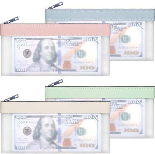 ZEPIQOR Lot de 4 Sacs d'argent avec Fermeture éclair, Pochette d'argent, enveloppes d'argent, Sac de Banque, Organisateur d'argent Transparent, Organisateur d'argent Polyvalent, Porte-Monnaie