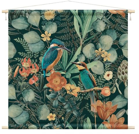 micasia Wandteppich Andrea Haase Tiere Stoffbild inkl. Holzstäbe & Seile Wanddeko - Made in Germany - Vögel Modern grün Wohnzimmer Schlafzimmer Wandbehang 1005 (145x145cm)