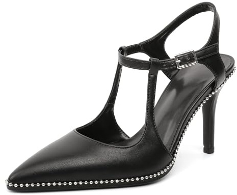 EDEFS Damen Pumps mit Knöchelriemen T-Riemen Schuhe Stiletto Absatz Brautschuhe Slingback Pumps Elegante Mattschwarz EU38