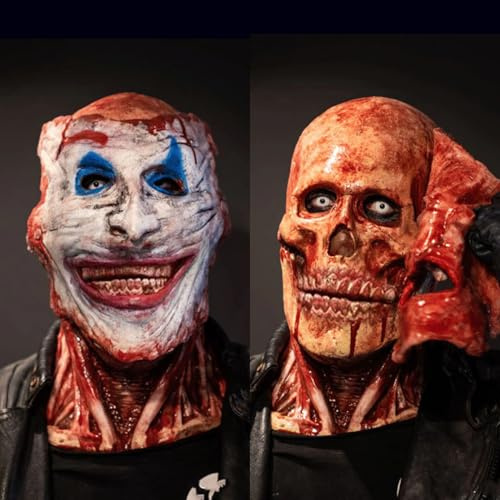 Shalwinn Halloween Horror Clown Mask Latex Doppelte Schicht Abziehbare Joker Maske mit Beweglichem Kiefer Blutiger Schädel Maske für Cosplay Party Halloween Deko Kostüme