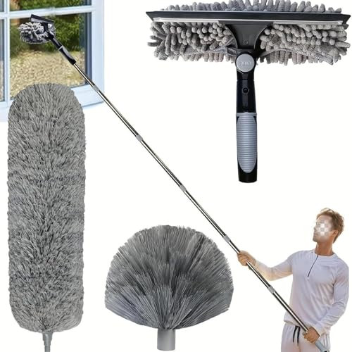 Kit De Dépoussiérage Haute Portée De De 6m avec Perche D'extension De 1.5 À 4.9m Plumeau en Toile D'araignée avec Perche Télescopique, pour Ventilateur De Plafond, Fenêtres (Grey)