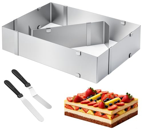 Chesnia Rechteckiger Backrahmen verstellbar, Eckiger Tortenring für Kuchen, Pizza & Desserts, Mit Teiler & Spatel, Ideal für Backblech, Partydeko & DIY