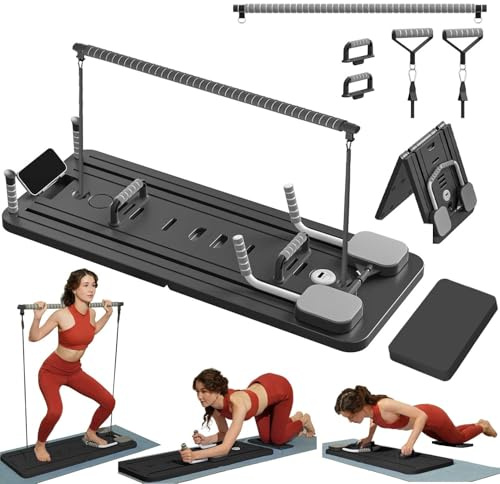 ExeractFit Pilates Board Set mit PilatesBar und Widerstandsband für Zuhause Fitnessstudio, Faltbarer Pilate Reformer Maschine Mehrzweck Bauchtrainer Full Body Workout Equipment(Schwarz)
