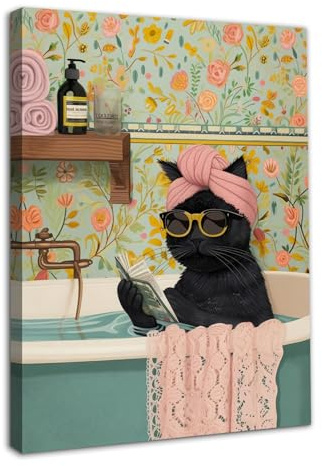Dazzlewall Gerahmte Lustige Katze Badezimmer Wandkunst, Schwarze Katze Lesen in Badewanne Wanddekoration Malerei, Niedliches Tierbild für Badezimmer Wc Kunst Dekor 12x16 zoll