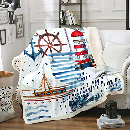Homemissing Nautisches Wohndecke 150x200cm Abenteuer Ozean Theme Dekor für Stuhl Sofa Couch Leuchtturm Anker Kuscheldecke Segelboot Ruder Meer Couchdecke Palmblatt Flanell Fleecedecke