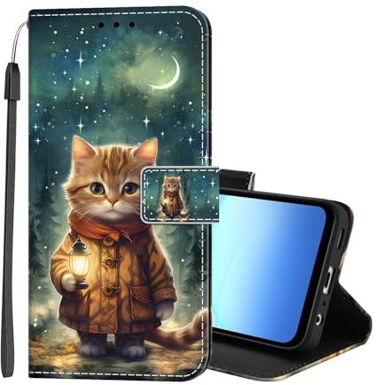 Lonrapa Handyhülle für Samsung Galaxy A17 / A26 5G Hülle Premium Lederhülle Muster Flip Case Tasche Magnet Kartenfach Standfunktion Stoßfest Klapphülle Schutzhülle für Galaxy A17 5G / 4G - Katze