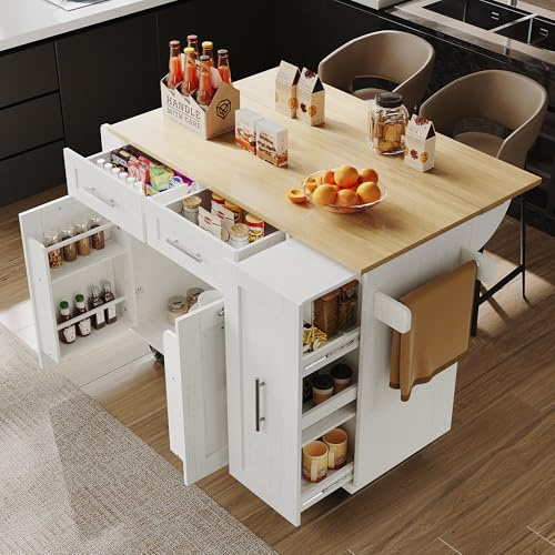 FammyLoft Rolling Kitchen Island on Wheels with Storage Space, Kitchen Trolley with Folding Side Board and Snack Shelves, Trolley with Stretch Function Cabinets for Home, Kitchens, White
