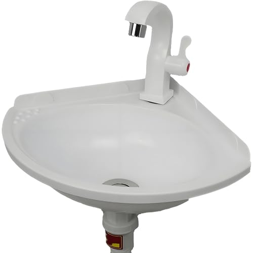Lavabo de pared con grifo, lavabo de plástico Washbasin, esquina de baño, lavabo de mano triangular, 27,5 x 27,5 cm, sin agujeros, fácil instalación para pequeños invitados