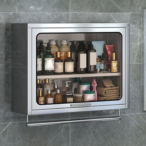 Metallschrank Wandschrank Edelstahl Tür Nach Oben Öffnend Mit Kleiderstange Am Boden Geschlossener Stauraum for Wohnzimmer, Küchen Und Badezimmer Hängeschrank Tragkraft: 30 Kg(Silver,70 * 18 * 50cm)