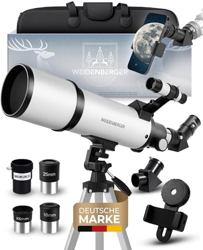 Weidenberger Teleskop 80600 – Refraktor-Fernrohr, 800 mm Brennweite, 60 mm Öffnung mit 3 Okularen + 3× Barlow-Linse, Sucherfernrohr, Stativ & Handy-Adapter – für Erwachsene & Einsteiger