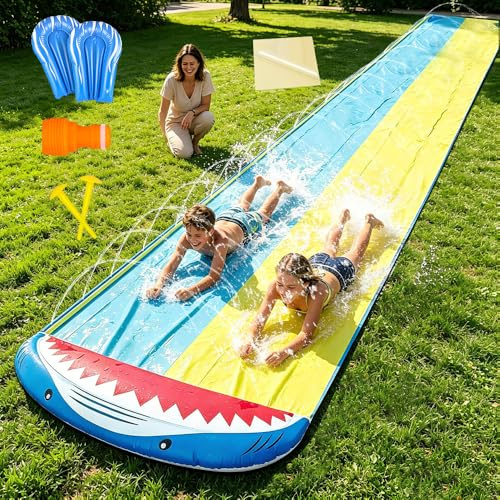 LYPPUL Wasserrutsche Garten für Kinder,480 cm/15.8ft Aufblasbare Wasserrutsche mit Eingebautem Sprinkler,Doppelte Wasserrutsch mit 2 Bodyboards,Wasserspielzeug für Kinder Erwachsene Outdoor,Hai