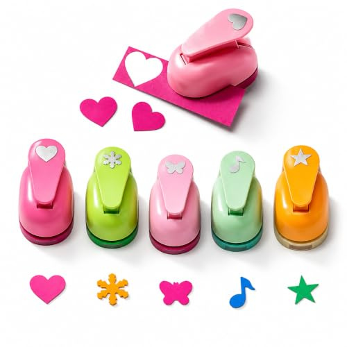 5 Stück Set Motivstanzer, Motive Schmetterling, Herz, Stern, Schneeflocke, Note, praktischer stanzer kinder, Bastelwerkzeug für Papierbasteln, Scrapbooking und kreative Gestaltung