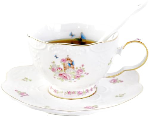 YBK Tech Ensemble tasse et soucoupe en céramique, 200 ml, roses roses