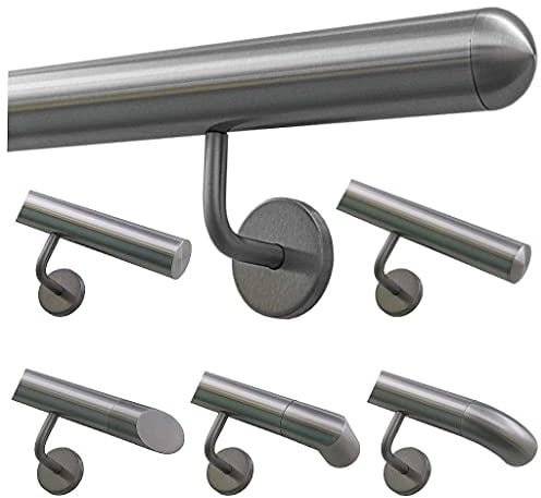 TIBU Handlauf Geländer Edelstahl Ø 42,4 mm - Länge 310 cm - Ende halbrunde Kappe und gewinkelte Halter - Rostfrei für Außen und Innen